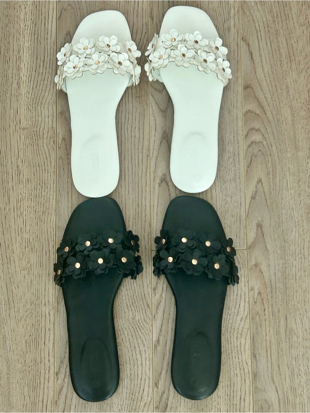 Two Pairs ARDENE Size 9 Woman’s Floral Appliqué Slide Sandals - Black and White